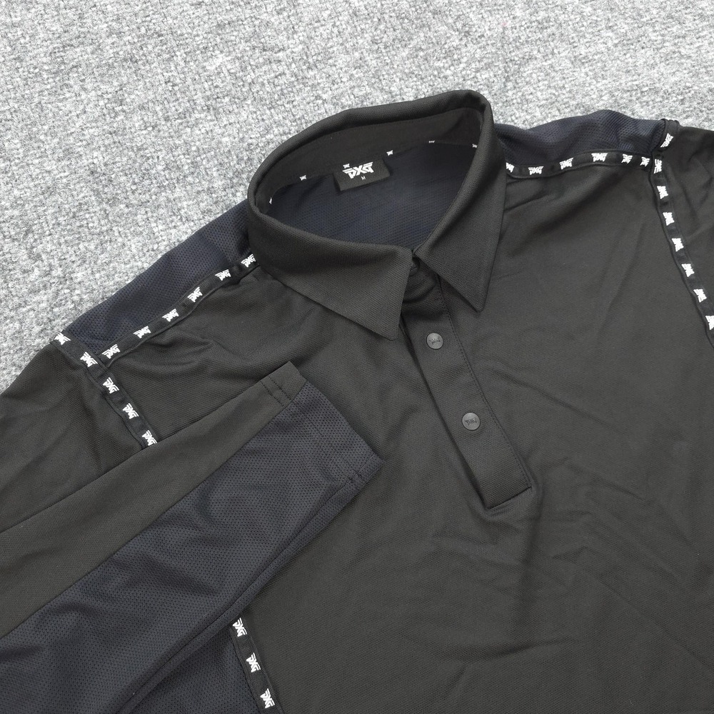 PXG Polo Shirt Mens M Black Long Sleeve Logo Tape Performance Golf‎ Stretch